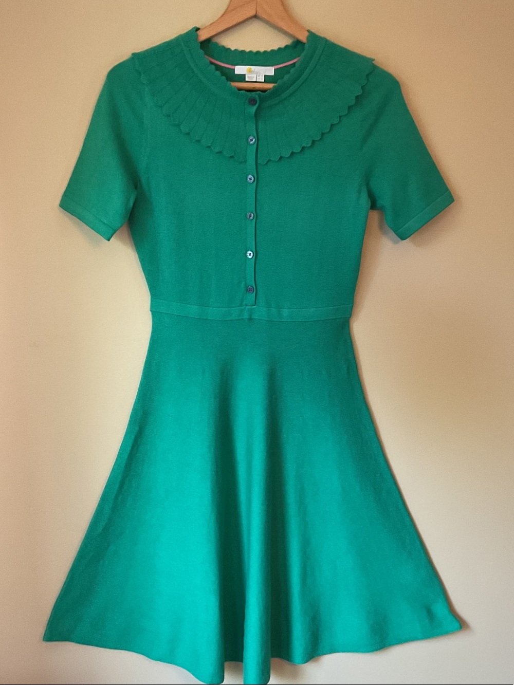 Boden Emerald Green Knit Fit-and-Flare Dress with Scallop Collar Size 8